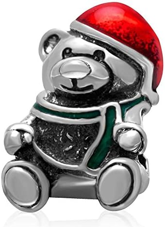 Choruslove Christmas Bear Wearing Red Hat Charm 925 Sterling Silver with Enamel Accents for Children Gifts Fits Compatible European Bracelet