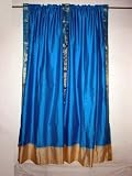 2 Dodger Blue Art Silk Sari Curtains Golden Border Indian 84"