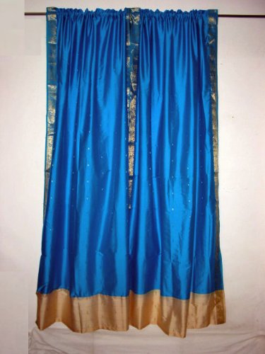 2 Dodger Blue Art Silk Sari Curtains Golden Border Indian 84