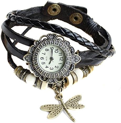 MERSUII Retro Vintage Classic Lucky Girls Ladies Women Floral Quartz Fashion Weave Wrap Around Leather Strap Bracelet Wristband Wrist Watch black