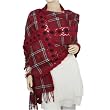 100% Wool Plaid Handmade Flower Stitch Tassel Ends Large Scarf Shawl - Burgundy