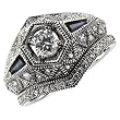 14K White Gold Crown Shaped Blue Sapphire Diamond Wedding Ring Set (Center stone is not included)