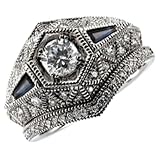 0.45 Ct.T.W. Round Brilliant Cut Diamonds and Tapered Baguette Blue Sapphire,14K White Gold. Sapphire and Diamond Wedding Ring Set, Semi-Mount Setting
