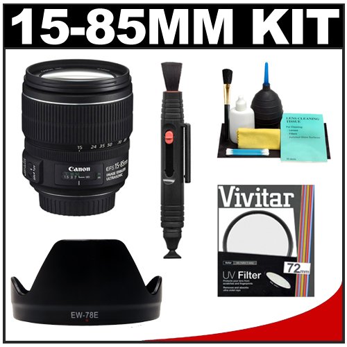 Canon EF-S 15-85mm f/3.5-5.6 IS USM Zoom Lens + EW-78E Hood + UV Filter + Accessory Kit for EOS 60D, 7D, Rebel T3, T3i, T4i Digital SLR Cameras