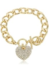 Goldtone with Clear Iced Out Heart 8.5 Inch Cuban Link 12mm Toggle Bracelet