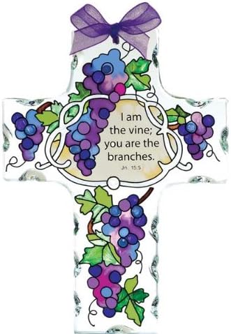 4" x 5.5" Beveled Glass Hand Painted Cross Suncatcher by Joan Baker Grape Arbor/I am the vine...