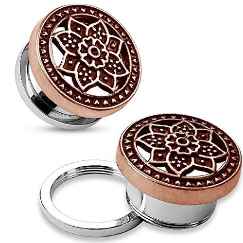 BodyJ4You Screw Fit Plugs Stainless Steel Tribal Lotus 4G-16mm (2 Pieces)