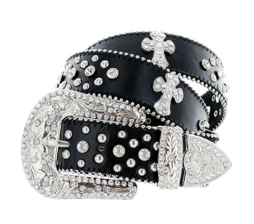 Rhinestone Cross Jeweled Studded Western Cowgirl Belt Black, White