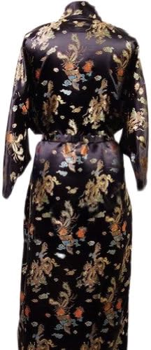 Chinese Men's Silk Satin Robe Kimono with Dragon Phenix Gown (Black, XXXL)