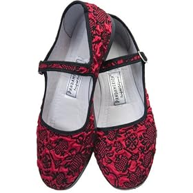 Click here to buy Burgundy Floral Velvet Mary Jane Chinese Shoes by Pandamerica.
