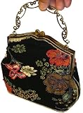 An Unique Beaded Evening Handbag W/shoulder Chain, Black Cloth Base W/beautiful Flower Pattern -- #5