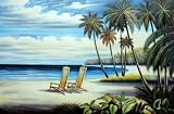 Two Chairs at the Hawaii Beach with Palm Trees Oil Painting 24 x 36 inches