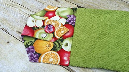 Apples Grapes and Oranges Fabric Topped Textured Green Hanging Towel perfect for Kitchen or Bathroom