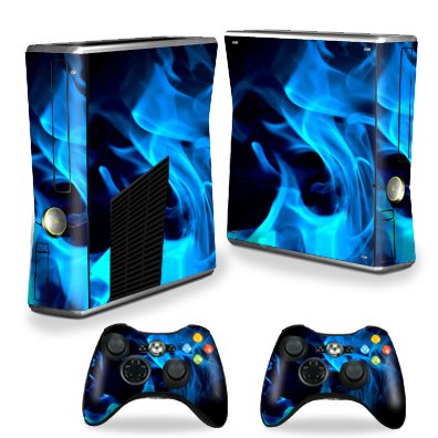 Protective Vinyl Skin Decal Cover for Microsoft Xbox 360 S Slim + 2 Controller Skins Sticker Skins Blue Flames