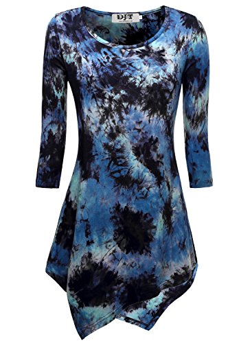 DJT Women's Scoop Neck 3/4 Sleeve Hankerchief Hem Tunic Top