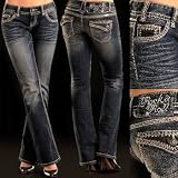 Women's Rock and Roll Cowgirl Asymmetrical Back Pocket Flap Low Rise Boot Cut Jeans