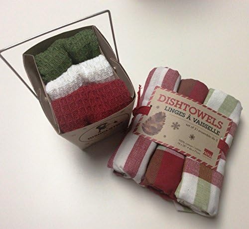 Now Designs Holiday Gift Set of 6 Includes: Set 3 North Teatowels and Chinabox of 3 Dishcloths in Green, Red, White