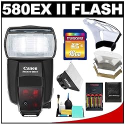 Canon Speedlite 580EX II Flash with 16GB SD Card + Softbox + Bounce Diffuser + (4) Batteries & Charger + Accessory Kit for EOS 7D, 5D, 60D, 50D, Rebel T3, T3i, T2i, T1i, XS Digital SLR Cameras