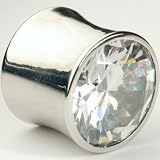 One Stainless Steel Double Flared Plug with Faceted Gem: 00g 3/8", Clear (SOLD INDIVIDUALLY. ORDER TWO FOR A PAIR.)