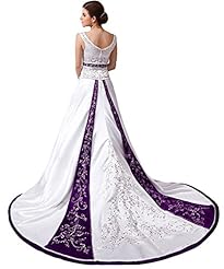 V-neck Off the Shoulder Colorblocking Beaded Sequined Satin Wedding Dress  with a Cathedral Train 