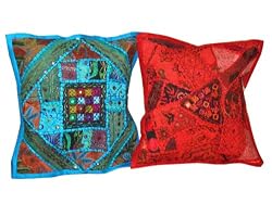 2 Tribal Blue Red Mirror Banjara Sari Pillow Cushion Covers 16x16 inches FREE SHIP