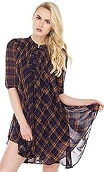 Plaid Print Elbow Length Sleeves Chiffon  Dress