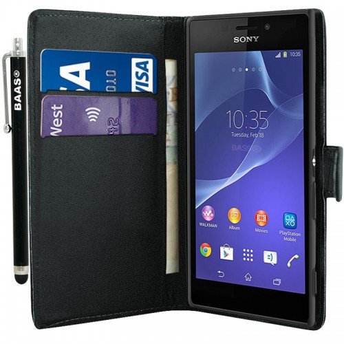 BAAS® Sony Xperia M2 - Noir Etui Housse Coque en Cuir Portefeuille + Stylet Pour Ecran Tactile