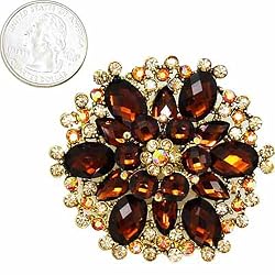 Gold Tone Topaz Colored Crystal Flower Brooch Pin