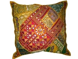 Yellow Red Ethnic Mirror Work Vintage Sari Beaded Floor Pillow Cushion Cover 24"