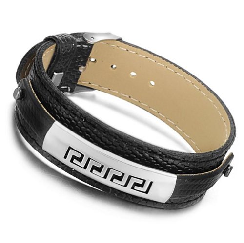 South Korea Style New Fashion Great Wall Pattern Black Leather Titanium Stainless steel Men's Bracelet Bangle Best Gift!
