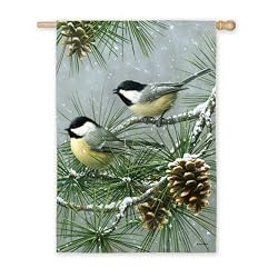 Winter Chickadees Pine Cones on Snow Flocked Branch Garden Flag 12 X 18