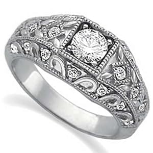 14Kt White Gold Vintage Style Diamond Wedding Ring (Center stone is not included)