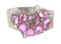 Bracelet - B180 - Glass & Crystal - Mesh Style with Adjustable Magnetic Closure ~ Pink Heart