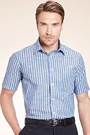 Blue Harbour Pure Cotton Short Sleeve Striped Slub Shirt