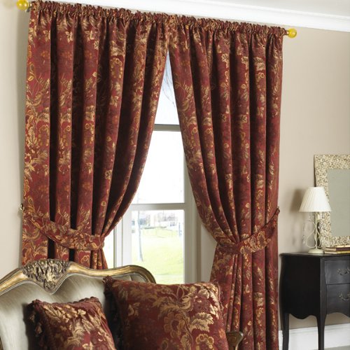 Belgravia Red Gold Traditional Jacquard Readymade Curtains 90" x 90"