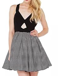 Sexy Elasticized   Waistline Striped Print Cotton/Polyester Backless  Skater Dress  With a Bow(s)