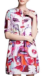 V-neck General Print Chiffon/Polyester Elbow Length Sleeves Shift  Dress