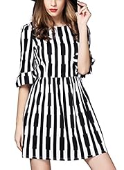 Above the Knee Elbow Length Sleeves Polyester/Spandex Summer Vertical Stripe Flared-Skirt  Dress