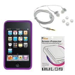 GTMax Purple Soft Rubber Silicone Skin Cover Case + White Soft Gel 3.5mm Stereo Headset + LCD Screen Protector for Apple iPod Touch 8GB 32GB 64GB 3rd 3G Generation