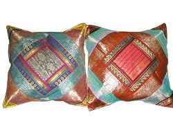 2 Cushion Cover Rust Brown Vintage Silk Sari Toss Pillow Shams