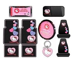 Hello Kitty Sanrio Hearts Design 10pc Auto Accories Combo Set - Front & Rear Floor Mats, Seat Covers, Steering Wheel Cover, CD Visor Organizer, License Plate Frame & Keychain