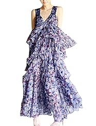 V-neck General Print Chiffon Spaghetti Strap  Tiered  Dress With Ruffles
