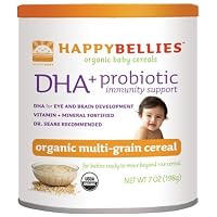 HAPPYBELLIES Oganic Baby Cereals, DHA + Probiotic, Organic Multigrain Cereal, 7-Ounce Canisters (Pack of 6)
