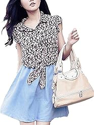 Above the Knee   Cap Sleeves Floral Print Cotton/Denim Mini Dress  With a Bow(s) and Ruffles