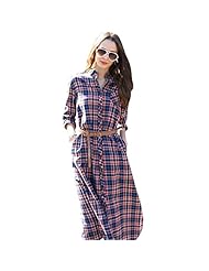 Long Sleeves Plaid Print Cotton Slit Belted  Shirt  Dress
