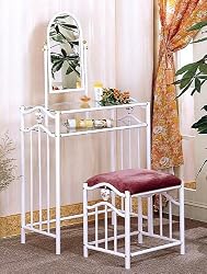 Coaster Glossy White Metal Makeup Vanity Table Set with Mirror in Mauve Velour