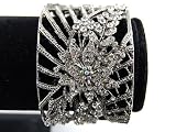 Bridal Antique Inspired Silver Crystal Rhinestone Floral Cuff Bangle Bracelet