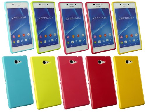 Emartbuy® Sony Xperia M2 Brillant Lustré Gel TPU Etui Coque Étui Cover Pack de 5 - Hot Rose, Rouge, Bleu, Jaune, Vert