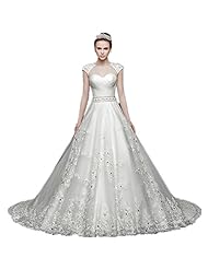 2015 Tulle Cap Sleeves Beaded Lace-Up  Dress with a Court Train 