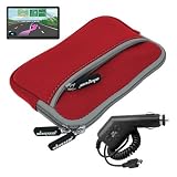 Skque Red Glove Series Carrying Case + Clear Screen Protector + Car Charger for Garmin Nuvi 1450 1450LMT